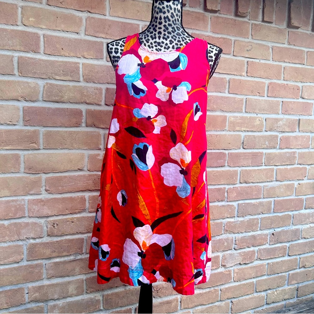 Sigrid Olsen 100% Linen Floral Shift Dress Women's Small Sleeveless Pockets